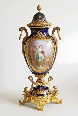 Superior Large 19c French Sevres Porcelain Gilt Bronze Vase Signed