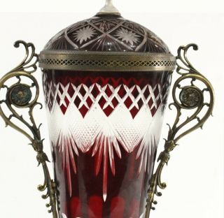 Antique Gorgeous Large Bohemian Ruby Cut To Clear Lidded Urn Mounted Bronze