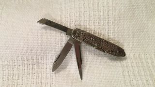 Vintage Japanese Oriental Sterling Silver Handle Pocket Knife Hand Chased,  1950 