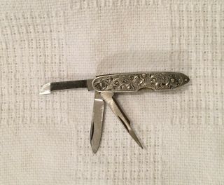 Vintage Japanese Oriental Sterling Silver Handle Pocket Knife Hand Chased,  1950 ' s 2