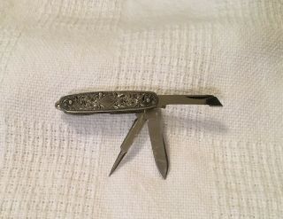 Vintage Japanese Oriental Sterling Silver Handle Pocket Knife Hand Chased,  1950 ' s 3
