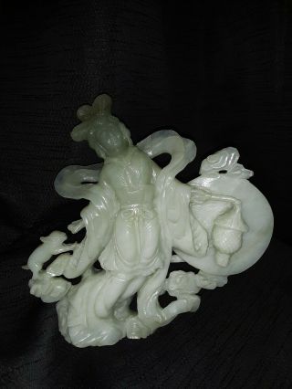 Jade Hand Carved Figure Of Women Feeding Foo Dog Holding Lantern W/ Moon 7 " X 7 "