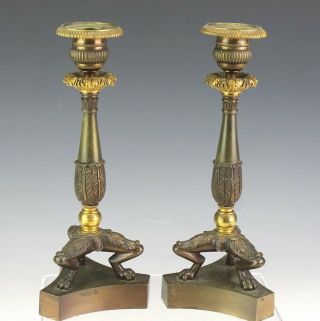 Pair Antique 19th Century French Empire Gold Gilt Bronze Candlestick Holders Sjs