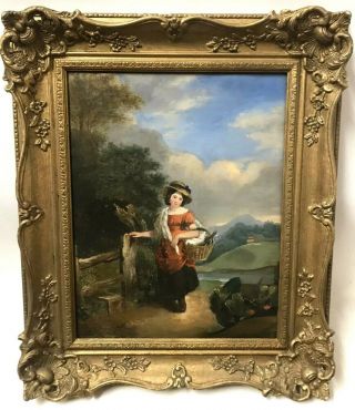 Early American School Landscape & Portrait Of A Young Woman 1850 Oil Painting