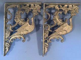 Pair (2) Antique Cast Iron Old Victorian Corbel Type Bird & Flower Shelf Bracket