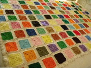 Vtg Granny Squares Chic Crocheted Afghan Ivory Cream Multi Color Handmade 48x72