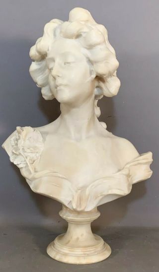 Lg Antique Art Nouveau Statue Carved Alabaster Old Victorian Lady Bust Sculpture