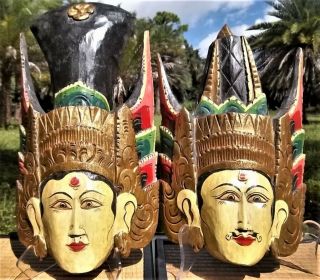 Pair Vintage Balinese Hand Carved Wood Dewi Sri & Batara Sedana Masks - Indonesia