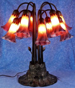 Vtg.  Meyda Tiffany Style 10 Lite Pond Lily 22 " Accent Lamp,  Amber/ Purple Shades
