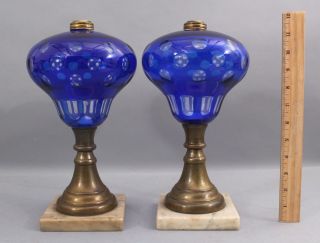 Pair 1850s Antique 19thc Blue Cut To Clear Glass Brass & Marble Oil Lamps