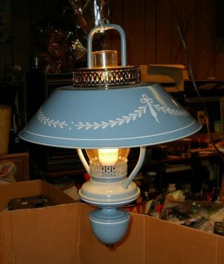 Vtg Hanging Blue Metal Tole Light Lamp Ceiling Fixture & Chain 19 1/2  Diameter