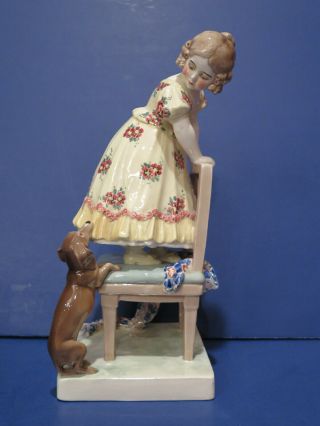 Goldscheider Wien Polter (artist) Figurine Girl W Dog (dachshund) 11 "