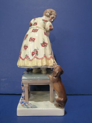 Goldscheider Wien POLTER (Artist) Figurine Girl w Dog (Dachshund) 11 
