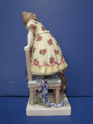 Goldscheider Wien POLTER (Artist) Figurine Girl w Dog (Dachshund) 11 