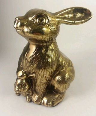 Vintage Brass Bunny Rabbit Hare & Baby Statue Collectible Decor Paperweight 6 "