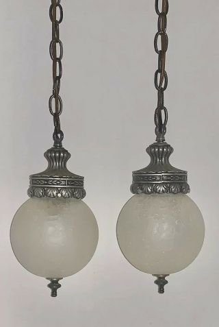 Vintage 54” Mid Century Crackled Glass Double Swag Hanging Ceiling Light/lamp