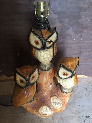 Vintage Mid - Century Ceramic Owl Trio Lamp Light