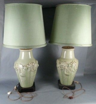 2 Vintage Green Pottery 3d Dragon Table Lamps Pair Oriental