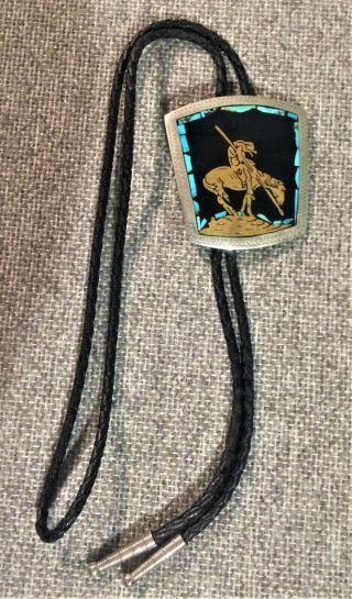Vintage Bennett Native American Bolo Tie Sterlng Silver Turquoise End Of Trail