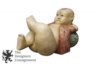 Hand Carved Chinese Figure Boy Child Lying On Watermelon Pillow Folk Art 26 " Vtg