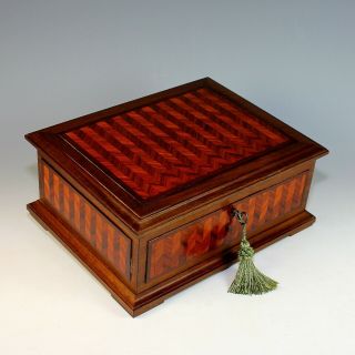 Antique French Dresser Box With Chevron Pattern Inlay And Key