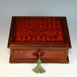 Antique French Dresser Box with Chevron Pattern Inlay and Key 2