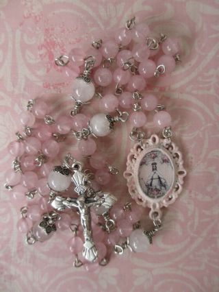 Rosary Natural Stone Rose Quartz Beads,  Mary With Roses,  Silver - Plated Metal