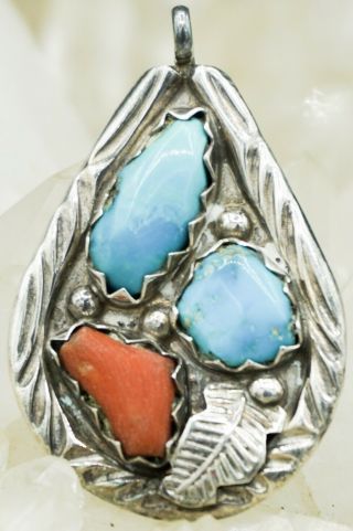 Vintage Zuni F Cheama Sterling Silver,  Turquoise & Coral Pendant 9