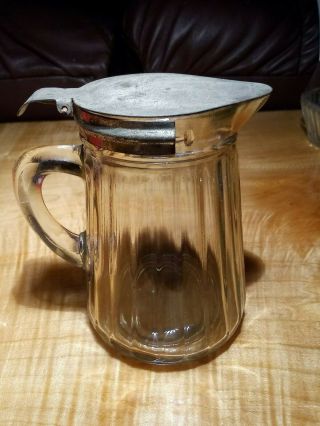 Vintage Ribbed Glass Syrup Pitcher With Metal Lid Anchor Hocking