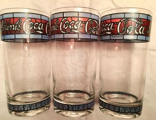 Set Of 3 Vintage Tiffany Style Stained Glass Coca Cola Drinking Glasses