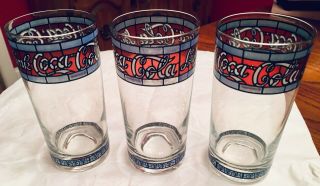 Set Of 3 Vintage Tiffany Style Stained Glass COCA COLA Drinking Glasses 2
