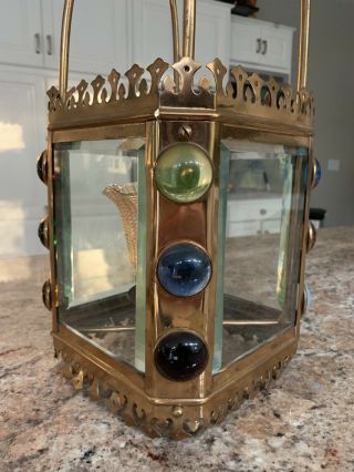 Antique Gas Gasolier Victorian Brass Jeweled Harp Hall Chandelier Lantern Lamp