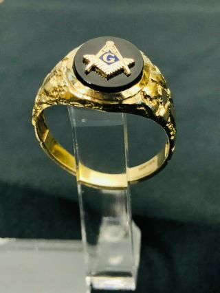 Vintage 10k Solid Yellow Gold Ring Masonic Freemason Black Onyx Size 10