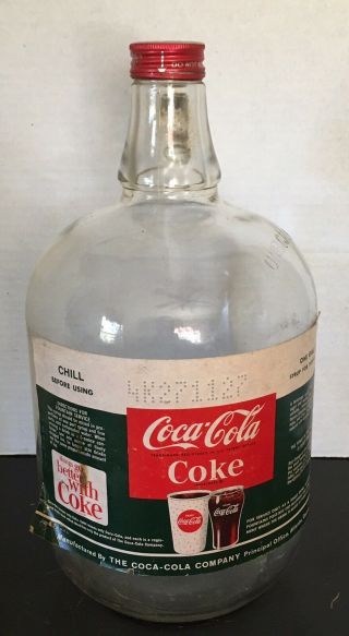 1960s 1 Gallon Coca Cola Coke Syrup Glass Jug Bottle With Cap Teardrop Handle