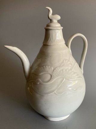 Antique Vintage Chinese White / Blue Monochrome Incised Porcelain Teapot