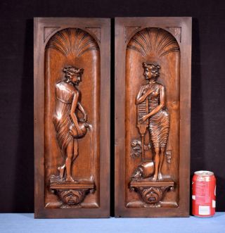 Antique French Highly Carved Panels In Walnut Wood Salvage With Women