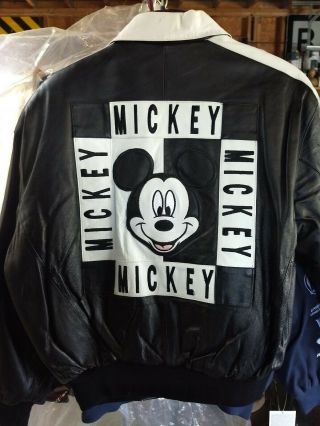 Vintage Disney World Black & White Mickey Mouse Leather Bomber Jacket Rare
