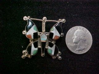 Native American Multi - Stone Inlay Sterling Silver Butterfly Pin / Brooch