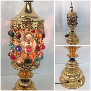 Vtg Mid Century Ornate Gold Metal Glass Bead Waterfall Hollywood Table Lamp