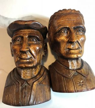 Vintage J.  Alberdi Wood Carving Old Basque Couple Man Woman Bookends Hand Carved