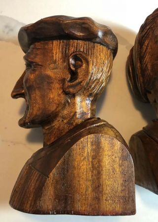 Vintage J.  Alberdi Wood Carving Old Basque Couple Man Woman Bookends Hand Carved 2