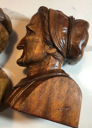 Vintage J.  Alberdi Wood Carving Old Basque Couple Man Woman Bookends Hand Carved 3