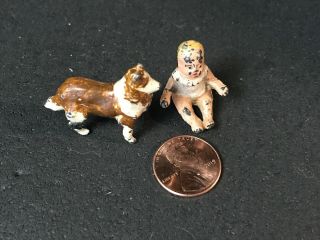 Vintage Or Antique Painted Lead Metal Baby And Dog Toy Figures Miniatures