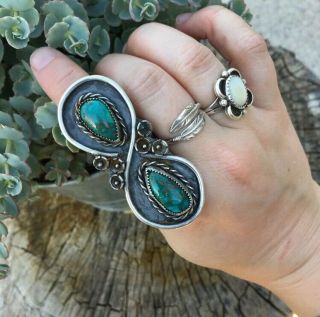Huge Vintage Inspired Sterling Silver & Blue Green Turquoise Floral Ring Size 7