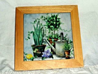 Vintage 8 " Wood Framed Ceramic Tile Trivet Garden Scene Hot Plate Wall Hanging