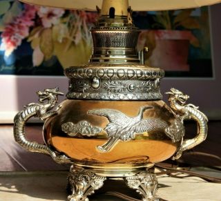 1888 Victorian Oil Lamp Chinese Dragon Crane Gold Silver