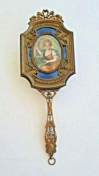 Antique Bronze Guilloche Enamel Hand Mirror With Miniature Portrait.  Signed.