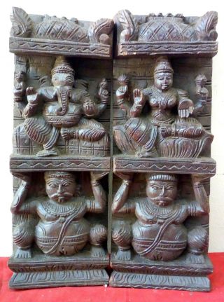 Hindu God Ganesh Lekshmi Devi Wall Vertical Panel Pair Wooden Vintage Sculpture