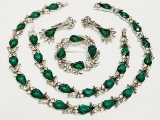 Vintage Kramer " Flawed Emerald " Rhinestone Necklace Bracelet Earrings Brooch Set