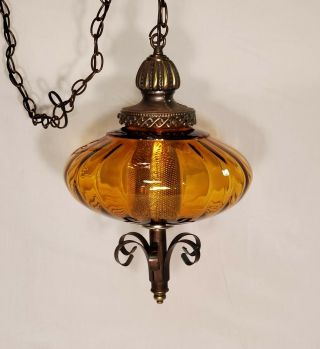 Vtg Hanging Lamp Swag Light Amber Glass Ufo Globe Hollywood Regency - Rewired
